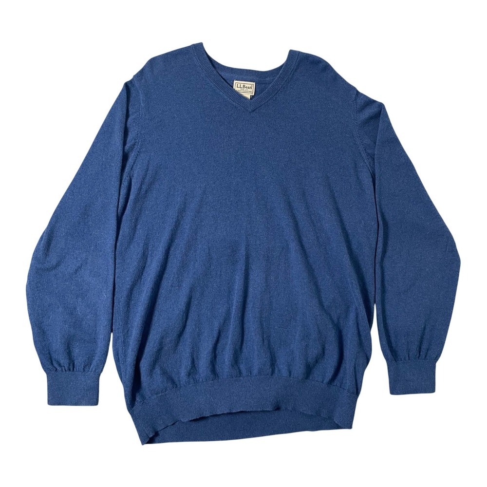LL Bean Sweater Mens XL Tall Blue Cotton Cashmere V Neck Casual Quiet Luxury